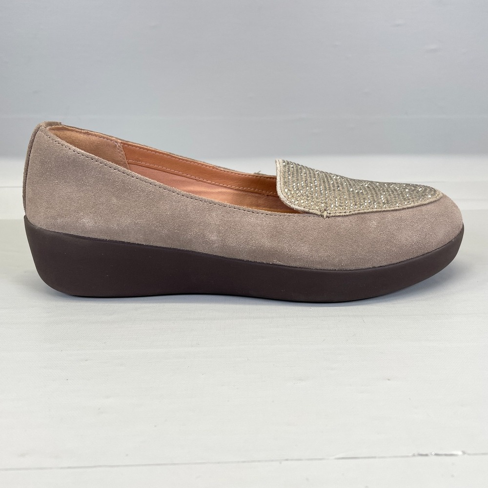 Fitflop Rhinestones Loafers Womens Size 7.5 Taupe Suede Slip On Comfort Shoes